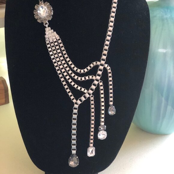 Fashion Jewelry Pewter Necklace Large Dripping Rhinestones 22" to 27" - Picture 10 of 12